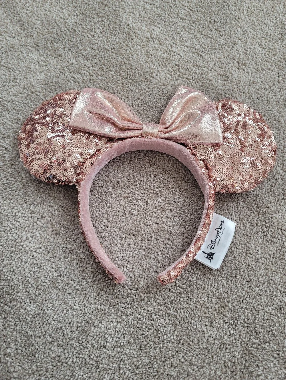 Disney Park Kids Rose Gold Sequin Minnie Ears Headband